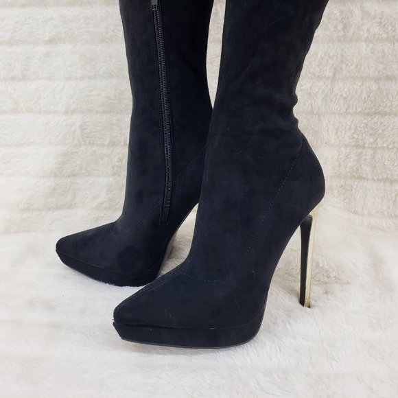 Girlz Revenge Faux Stretch Suede Black Sexy High Heel Pointy Toe Platform Boots - Picture 10 of 15